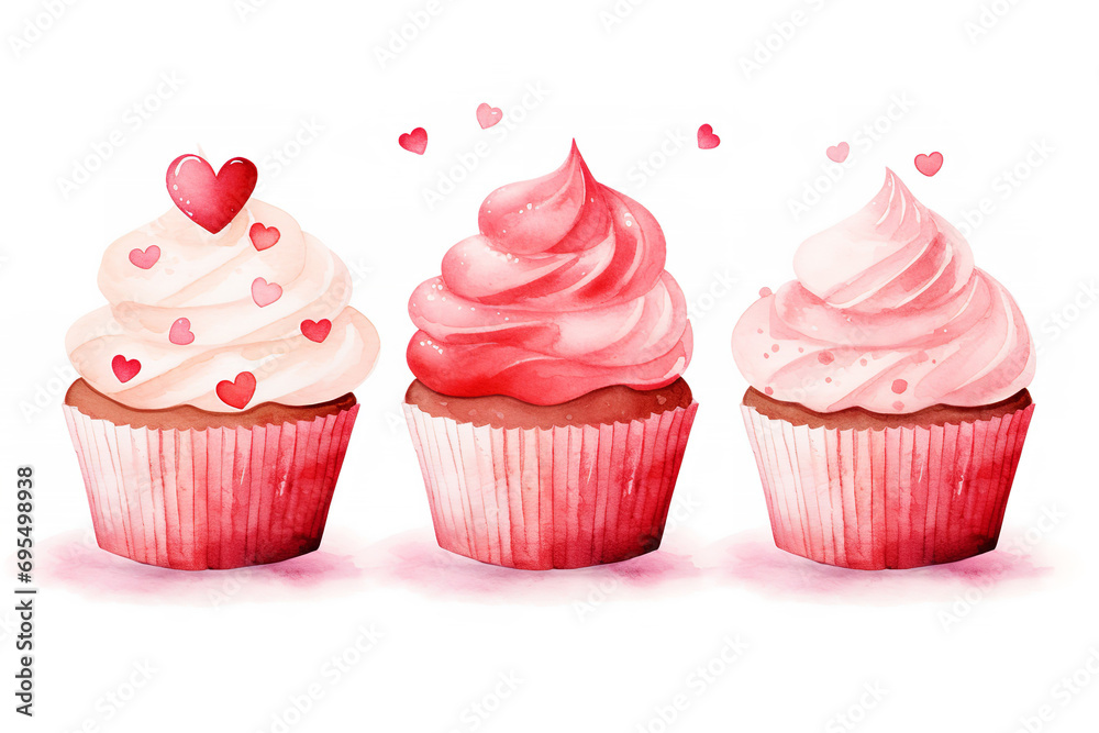 Watercolour valentines day cupcakes pink, neutral red isolated on white