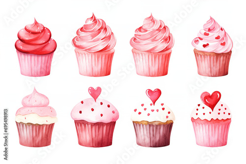 Watercolour valentines day cupcakes pink  neutral red isolated on white