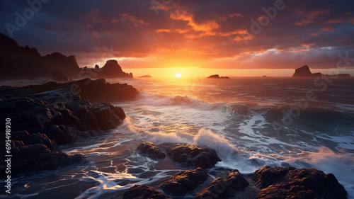 Realistic and breathtaking capture of the dawn  featuring the rhythmic movement of sea waves on a rocky  deserted beach  presenting a peaceful and serene coastal scene.