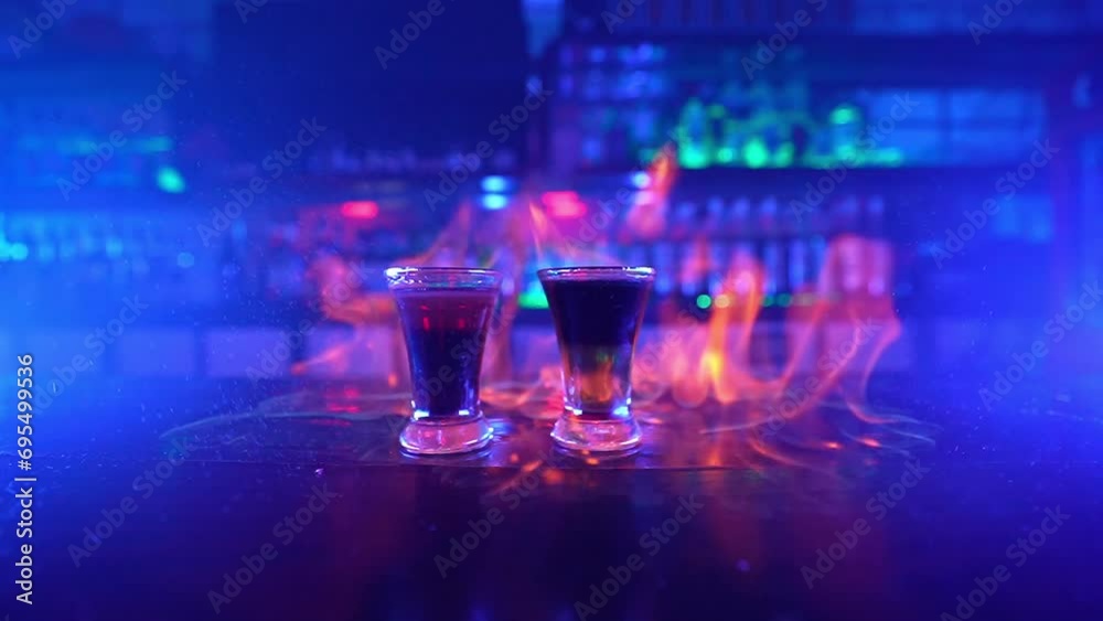 Glass of Alcoholic Drink on a Bar Counter Close-up. Bartender Prepares a Drink by Setting a Glass of Cocktail on Fire in a Nightclub. Bar in Neon Blue Lighting. Slow Motion. Glass of Alcoholic Drink on a Bar Counter Close-up. Bartender Prepares a Drink by Setting a Glass of Cocktail on Fire in a Nightclub. Bar in Neon Blue Lighting. Slow Motion.