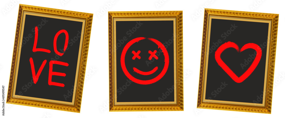Antique gold frames with modern paintball drawings. Elements of modern design. Vector elements of collage.