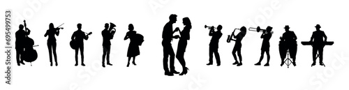A couple dancing in front of group of street musicians playing music silhouette.