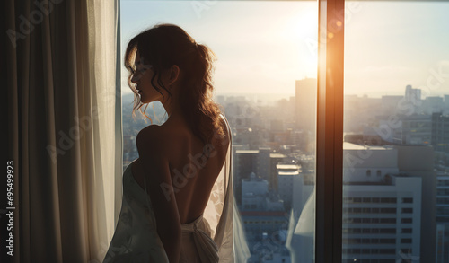 back view of young woman wake up at luxury hotel room or apartment, person by panoramic window, city and skyscrapers