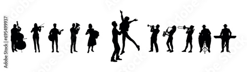 A couple dancing to live music on the street silhouette. Musicians playing music and a young couple dancing on the promenade vector silhouettes.