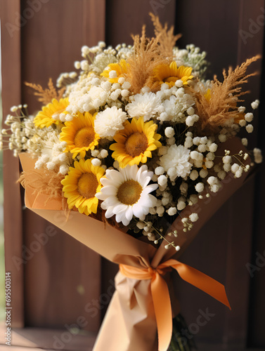 una mano sostiene un ramo de girasoles de papel marrón, al estilo de ferrania p30, blanco claro y dorado claro photo
