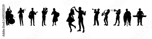 A couple dancing with group of street musicians playing music silhouette.