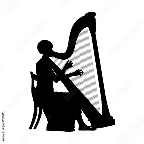 Woman sitting on chair and playing the harp silhouette. 