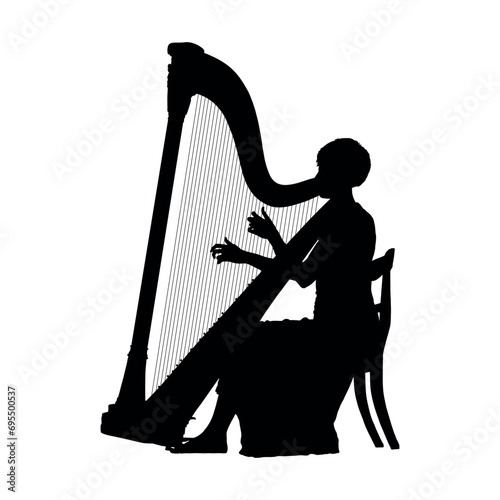 Woman sitting on chair and playing the harp silhouette. Beautiful female harphist portrait silhouette.