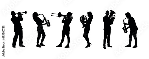 Silhouettes set of group of musicians playing brass instruments flat vector.