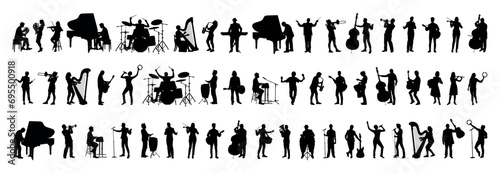 Large group silhouettes set of musicians playing instruments vector collection.