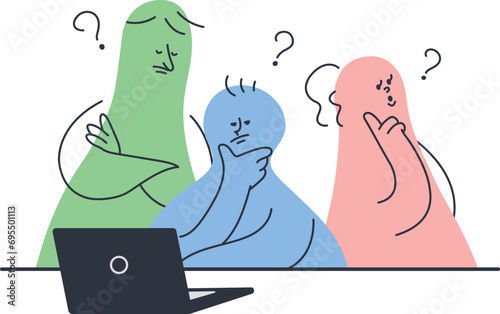 パソコンの前で考える人々