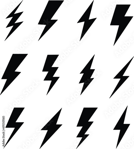 flash lightning bolt icon set. Electric power symbol. Energy sign, vector illustration. charge sign. Thunder strike electricity linear symbol. Thunderbolt flash. Powerful electrical discharge hitting.