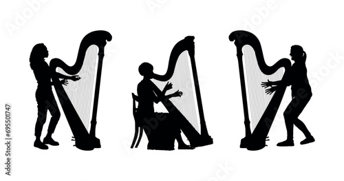 Group woman playing harps vector silhouettes. Three female harphists vector silhouettes.