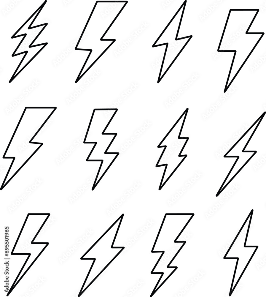 Line flash lightning bolt icon set. Electric power symbol. Energy sign