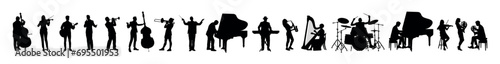 Large group  silhouettes set of musicians playing various musical instruments flat vector collection. Band musicians playing instruments together concert show silhouette.