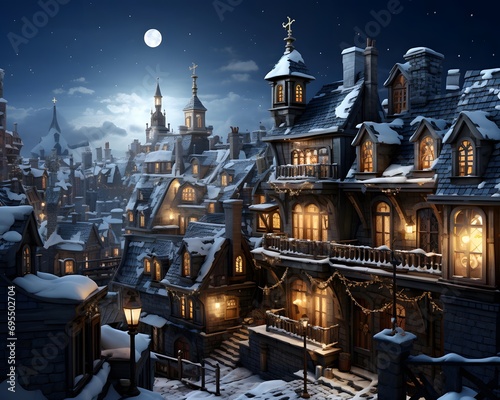 Snowy winter city at night 3d render illustration with moon and stars