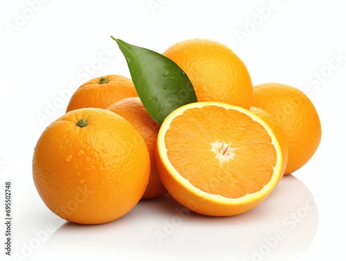 A pile of oranges with leaves on top of them.