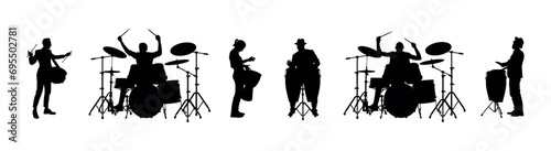 Group of musicians band playing percussion instruments vector silhouettes