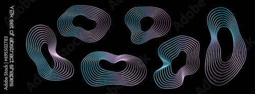 A set of  3D wireframe shapes. Retro y2k.Rave. Vector stock illustration. Black background. Isolated. Gradient. Elements and forms. Web. Abstract.