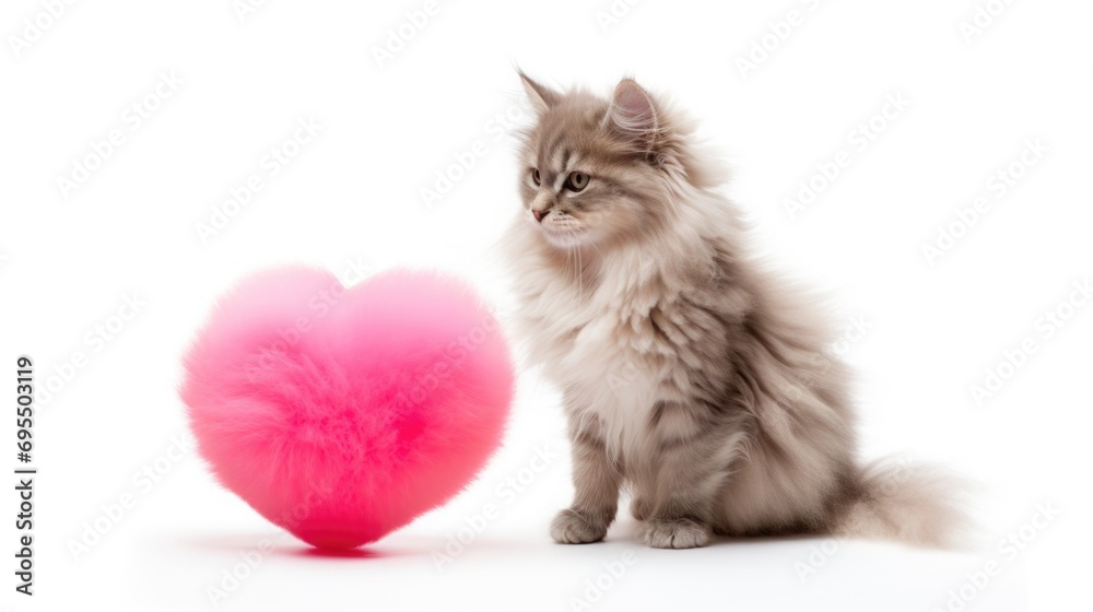 A fluffy cat sitting next to a pink heart. Valentines day background with copy-space.