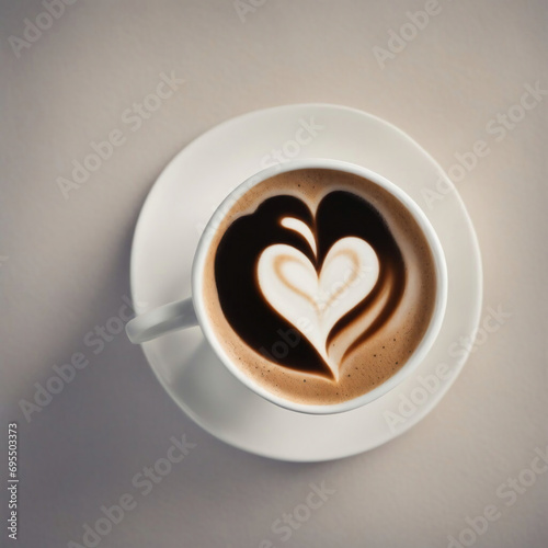 above view of a cup of coffee with heart shaped cream in center with steam