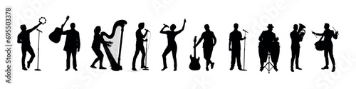 People musicians playing different musical instruments together set silhouettes. Group of band musician playing music together silhouettes.