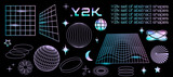 A set of holographic stickers and 3D wireframe shapes. Retro y2k stickers. Rave. Vector stock illustration. Background. Isolated. Gradient. Elements