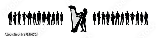 Woman playing the harp in front of large group of people watching vector silhouette.