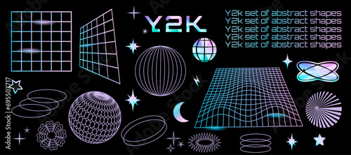 A set of holographic stickers and 3D wireframe shapes. Retro y2k stickers. Rave. Vector stock illustration. Background. Isolated. Gradient. Elements