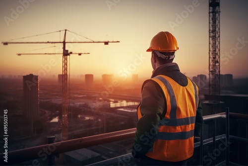 Back view of construction engineer in standard safety looking at the building in the construction site with sunset.