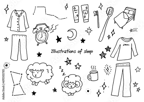 ペンで描いた睡眠関係のイラスト落書きセット