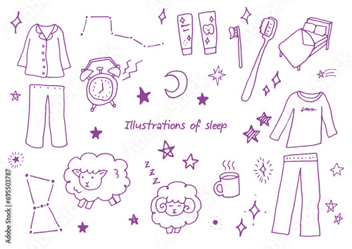 ペンで描いた睡眠関係のイラスト落書きセット