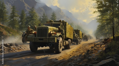 A convoy of military trucks winds its way along a mountainous path, the crisp air carrying echoes of disciplined chatter and machinery photo