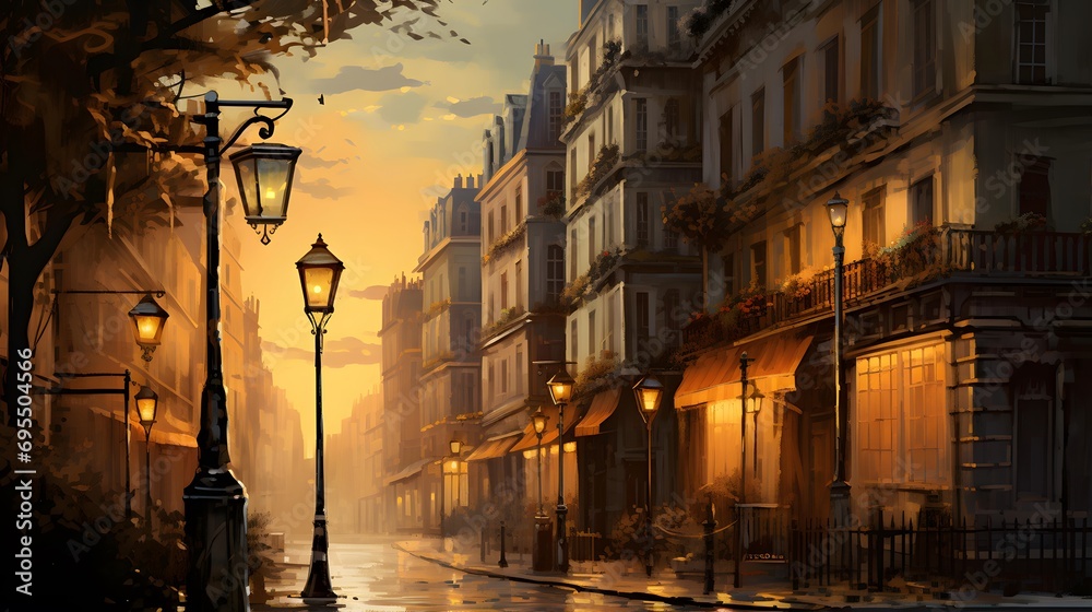 Evening street in the city, Paris, France. Panorama