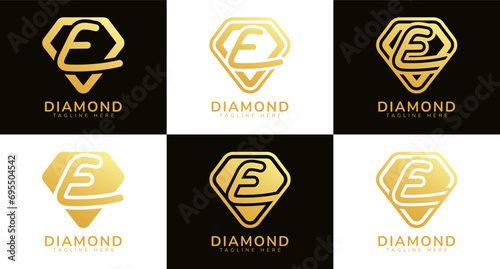 Set of diamond logos with initial letter E. These logos combine letters and rounded diamond shapes using gold gradation colors. Suitable for diamond shops, e-commerce