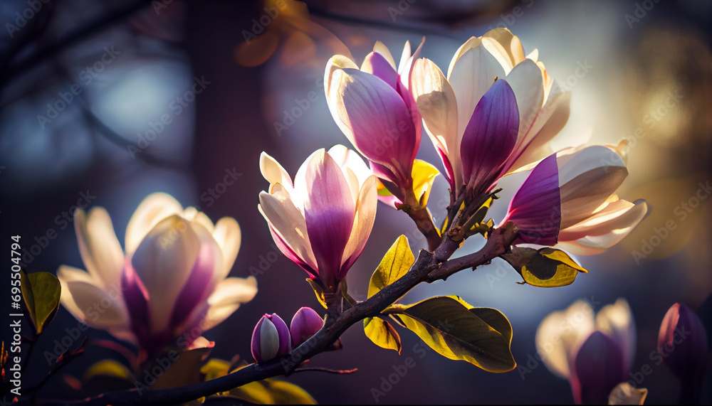 Beautiful blooming magnolia flower on branch, spring fresh air morning after rain. Natural sunlight bokeh. Generative AI