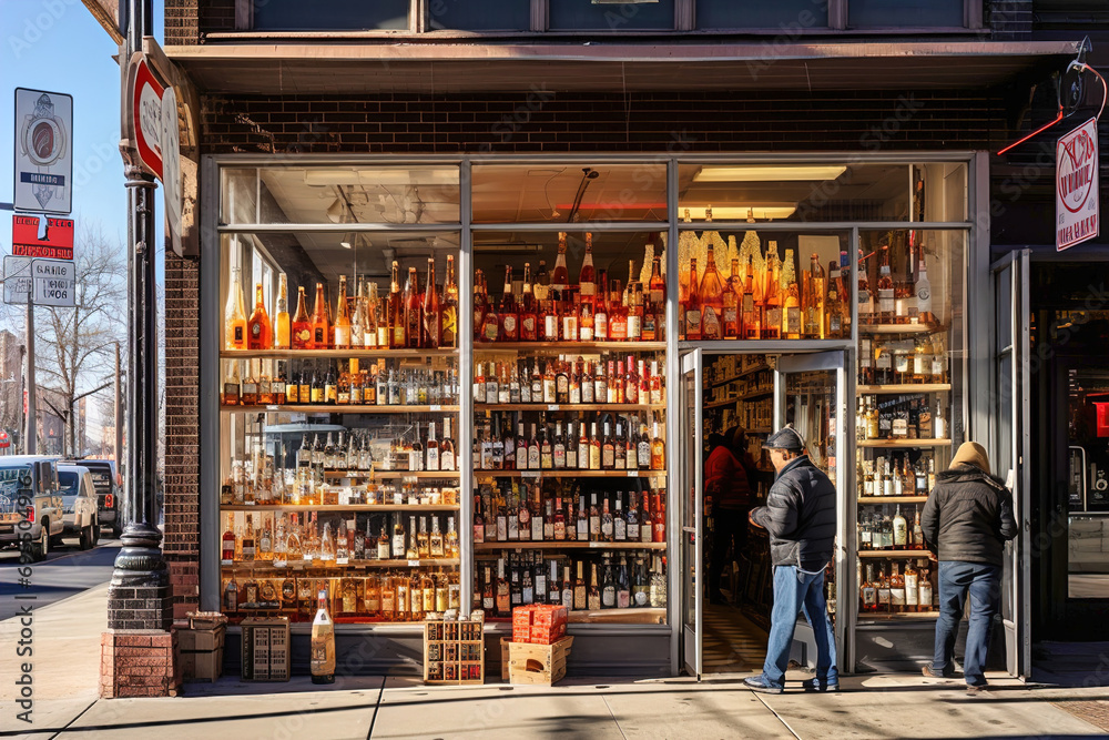 People standing in front of alcohol store on the street. Shelves with bottles on showcases. - obrazy, fototapety, plakaty 