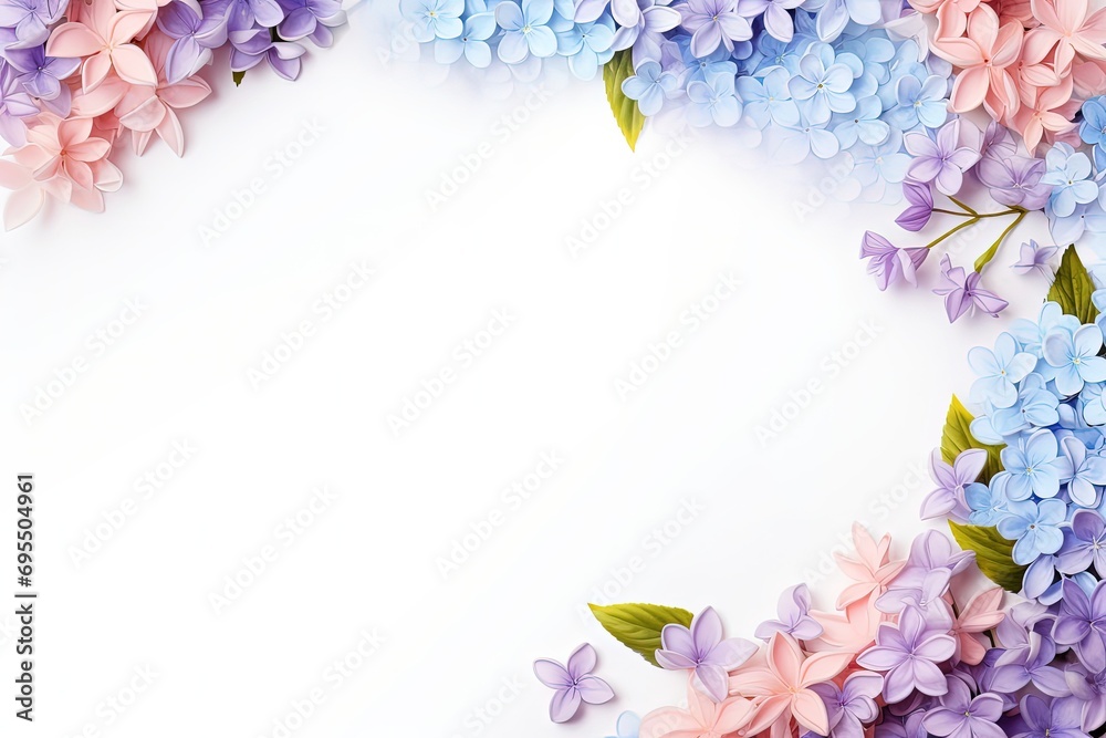 frame with colorful flowers on a white background, in the style of light sky-blue and light purple flat lay background. greeting card for mothers day, valentine day copy space frame with colorful flowers on a white background, in the style of light sky-blue and light purple flat lay background. greeting card for mothers day, valentine day copy space