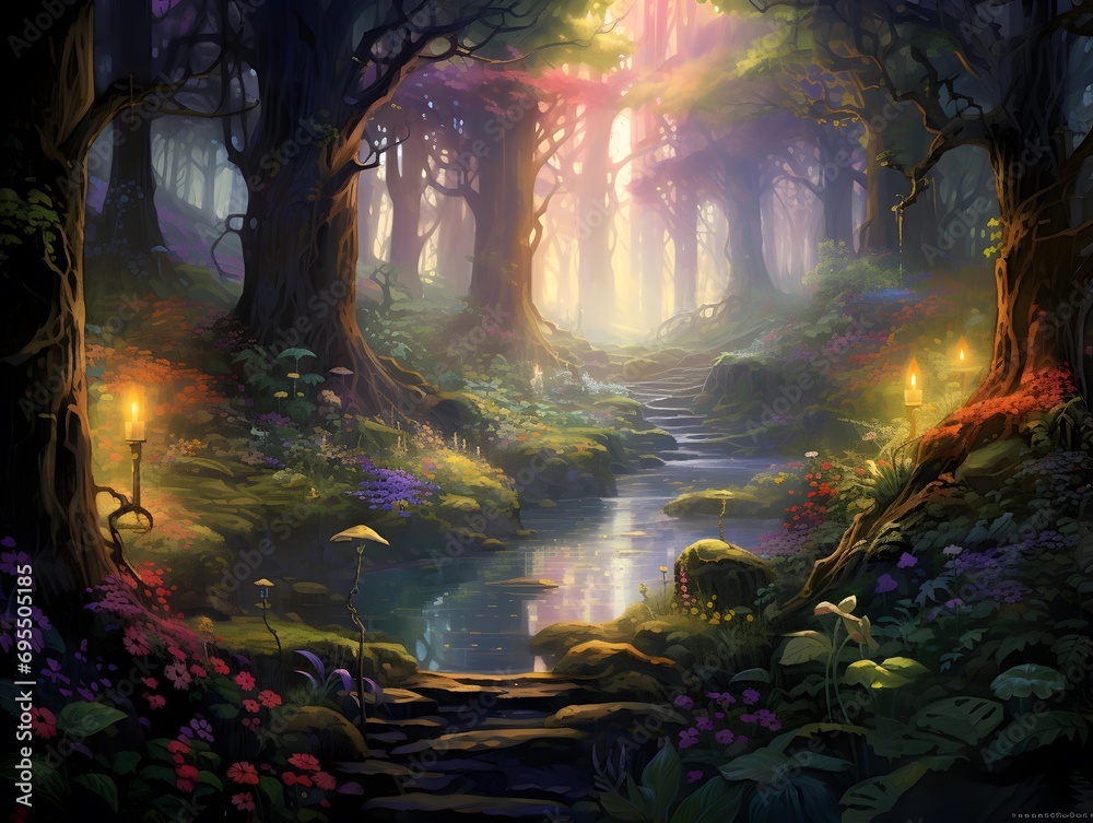 Fantasy landscape with a river and a forest in the background.