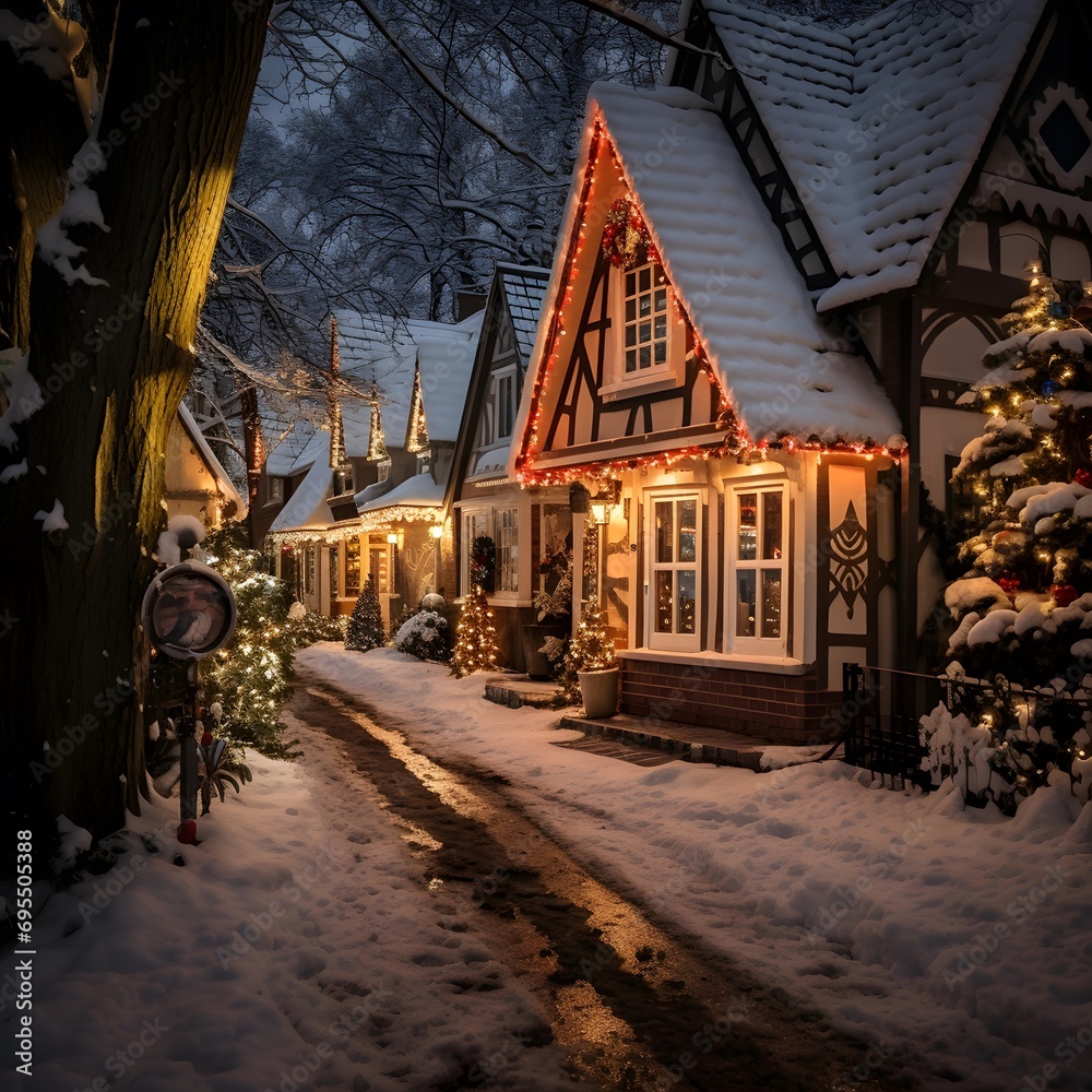 Beautiful wooden houses in the village in winter. Christmas and New Year concept