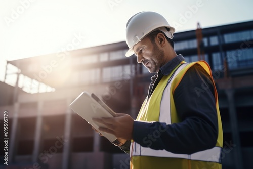Senior engineer using a digital tablet on a construction site