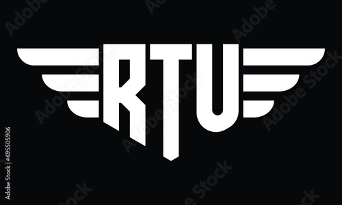 RTU three letter logo, creative wings shape logo design vector template. letter mark, wordmark, monogram symbol on black & white.	