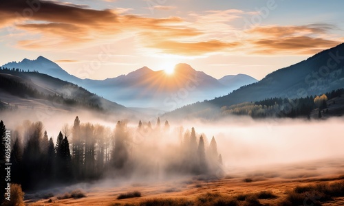 Picturesque Landscape Of Forest And Mountains With Early Fog