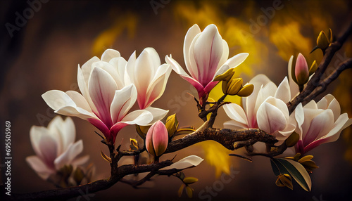 Magnolia tree blossom, spring fresh morning decorative illustration. Springtime liliiflora heaven scent. Generative AI photo