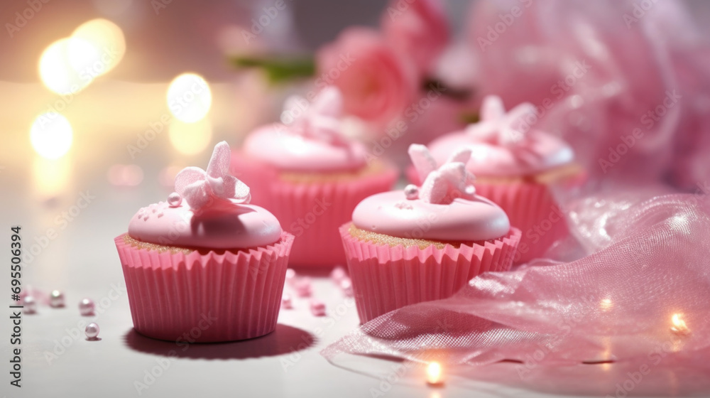 A table topped with pink cupcakes covered in frosting. A table topped with pink cupcakes covered in frosting.