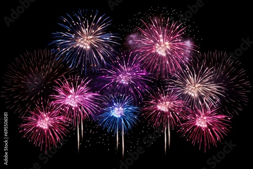Colorful fireworks on black sky background for celebration happy new year.