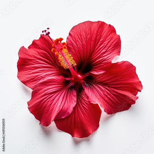 A red hibiscus flower on a white surface.