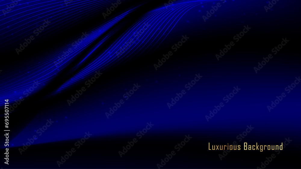 Vector luxury blue and black wavy background with golden text. modern black-blue silk luxury background for business