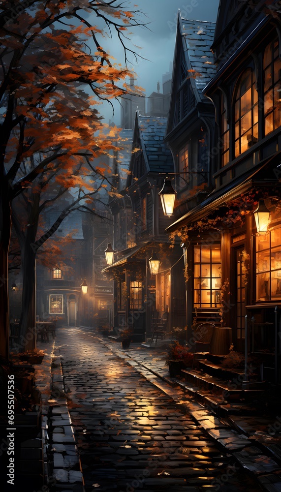 New York City street in the fog with old buildings and lanterns