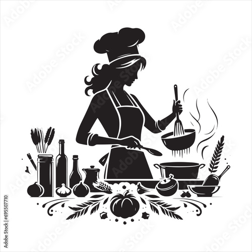 Girl Cooking Silhouette: Moments of Culinary Brilliance Portrayed in Stylish Black Vector Silhouettes - Minimallest Woman Cooking Black Vector Lady Silhouette
